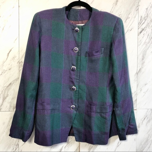 Vintage Kasper ASL 80s 90s Plaid Button Boxy Collarless Blazer SZ 4 - Picture 1 of 7
